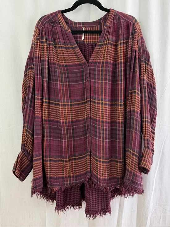 Free People Come on Over Oversized Plaid Button Down Flannel Womens Size Medium - Picture 3 of 9